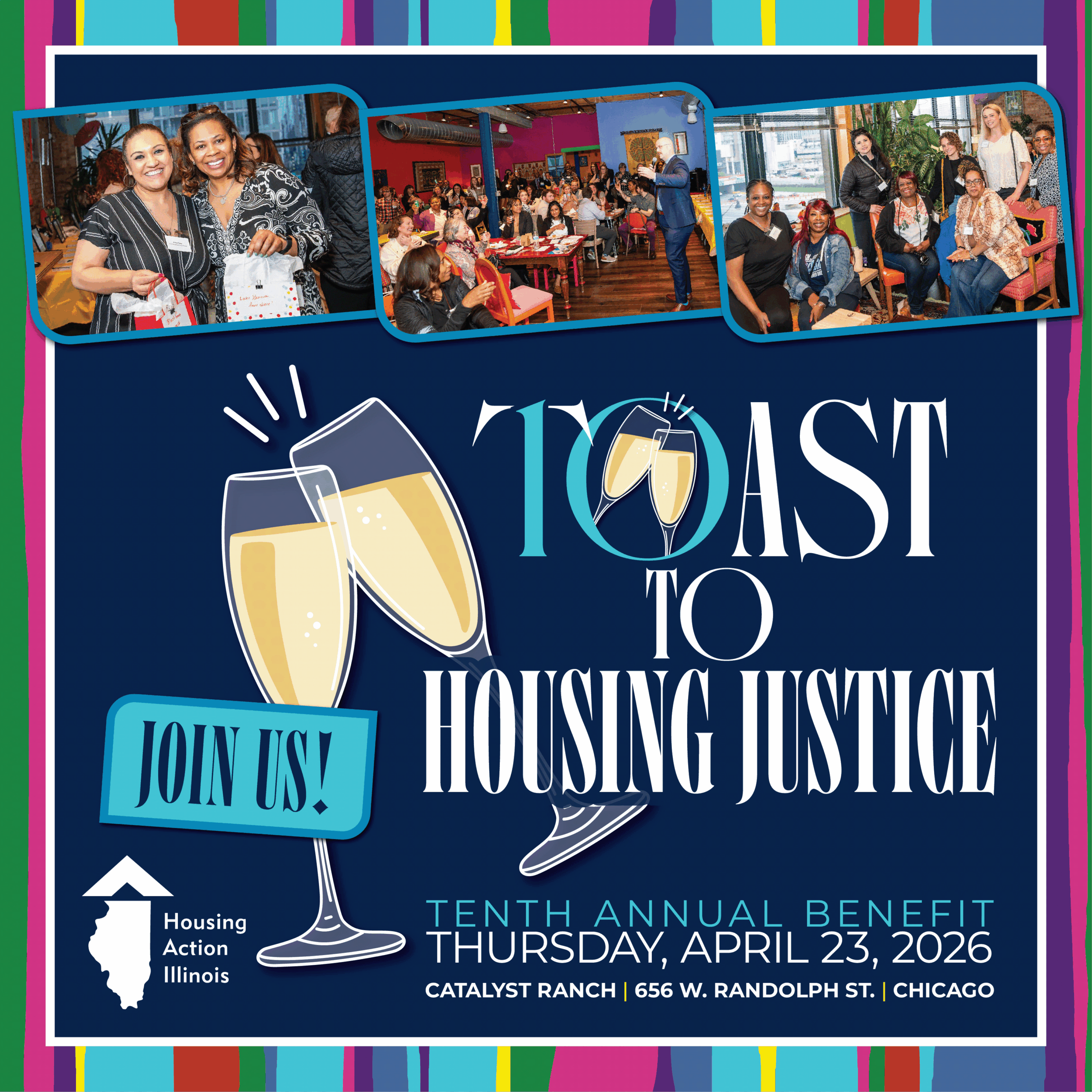 An image advertising our Toast to Housing Justice on Thursday, April 23, 2026