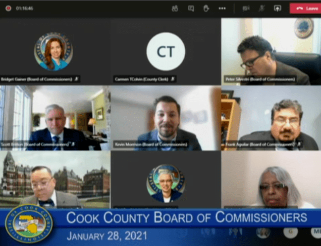 Screengrab of commissioners during virtual Cook County Board meeting on January 28, 2021