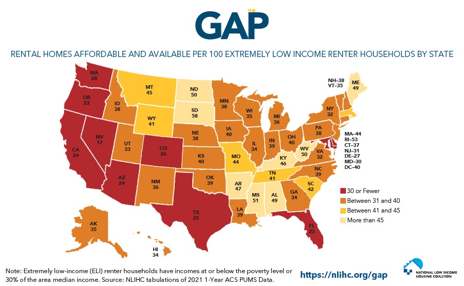 US map from The Gap report showing how many affordable and available units are in each state